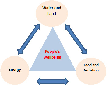 Triangle with water/land, energy, food/nutrition linked to each other with arrows