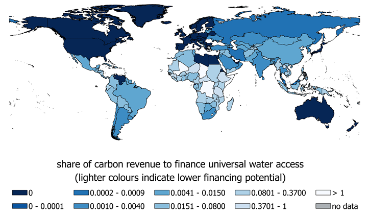world map by share of carbon revenue to finance universal water access